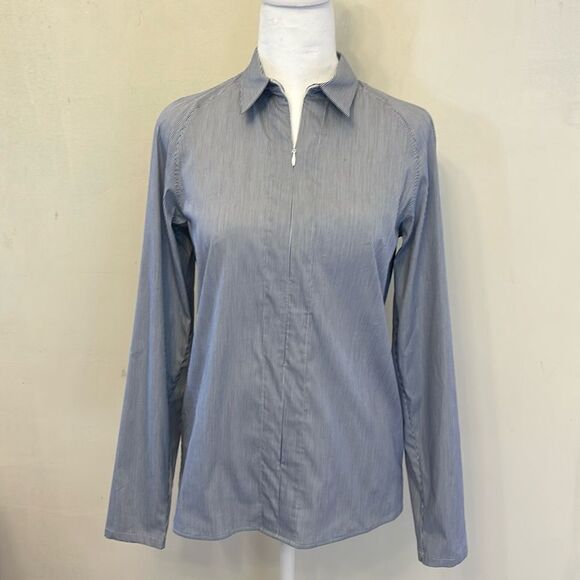 Theory blue white vertical stripe long sleeve zip front blouse Size S EUC - Picture 1 of 9